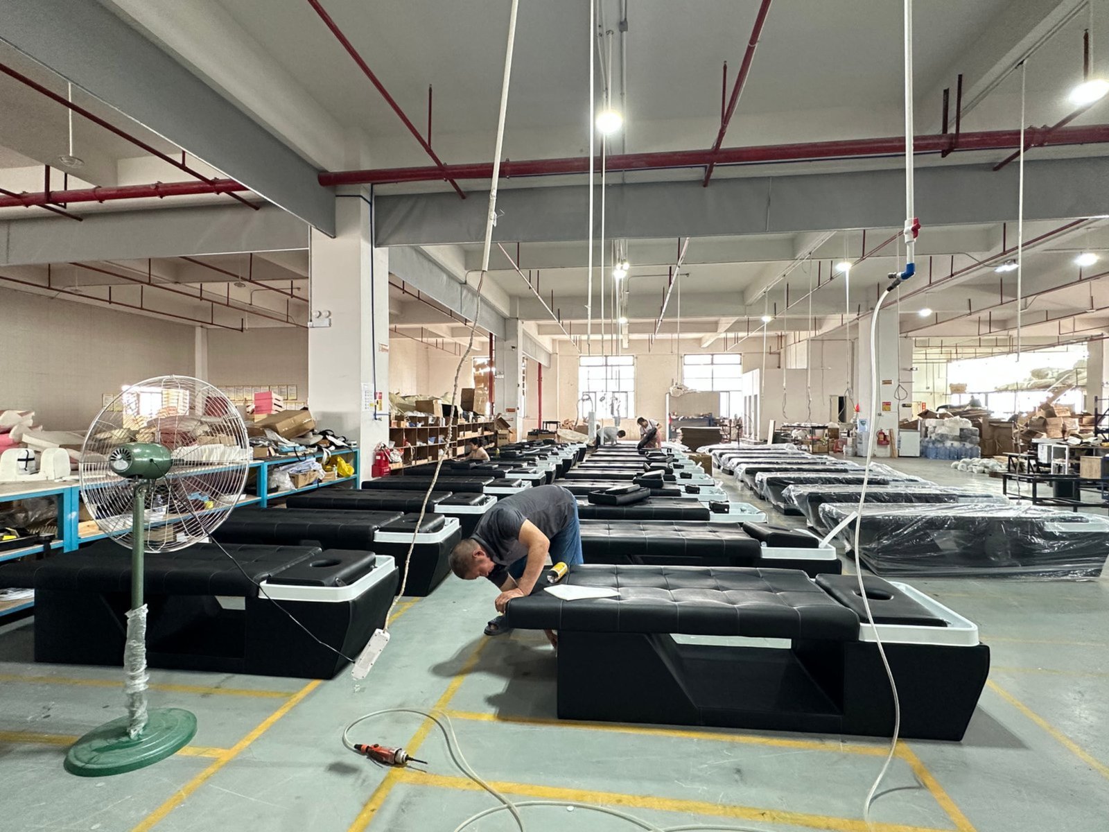 Salon beds assembly and production line in the workshop